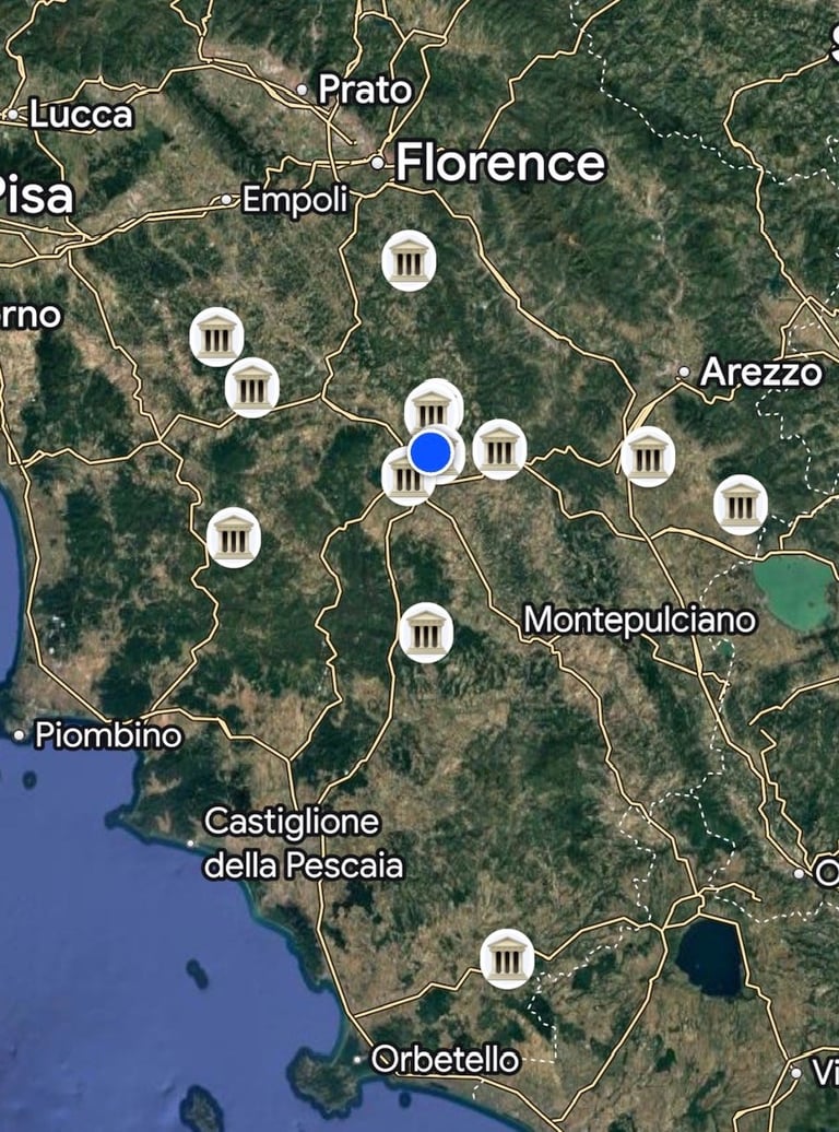Map of Tuscany region in Italy showing Florence and surrounding cities with location markers