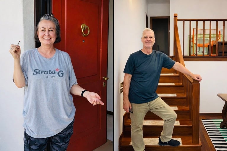 Two people posing in home interiors - left shows woman by red door holding key, right shows man on wooden staircase