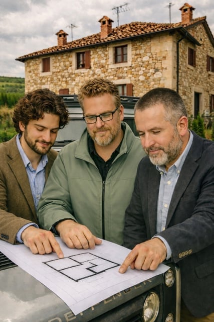 Three men reviewing architectural blueprints outdoors with a stone villa in the background