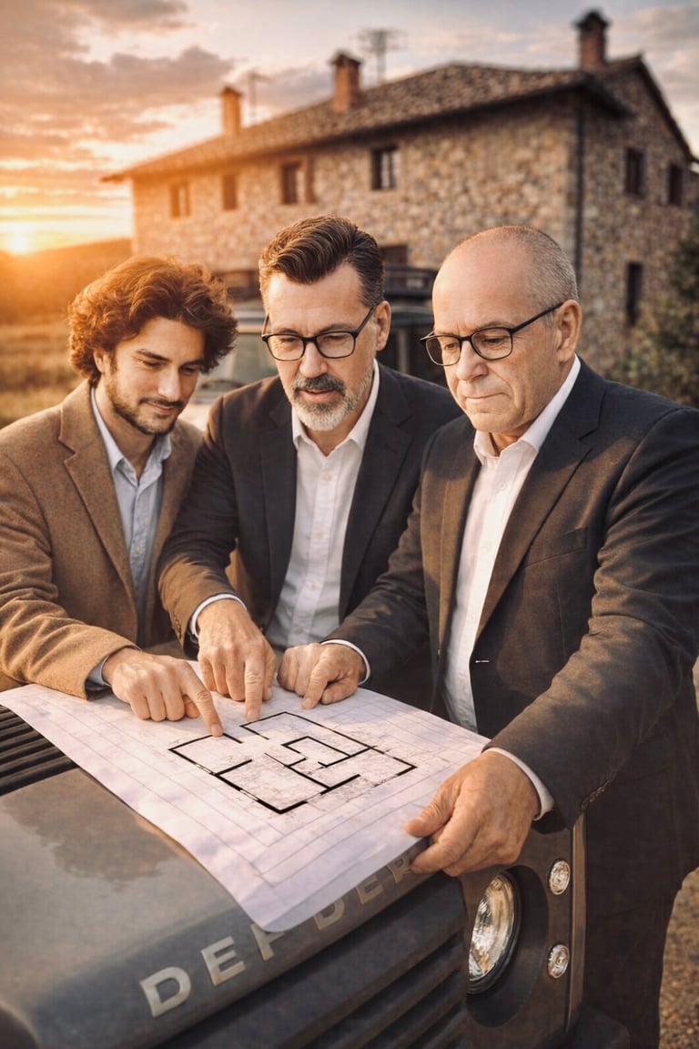 Three men in business attire reviewing architectural blueprints outdoors with a stone house at sunset in the background