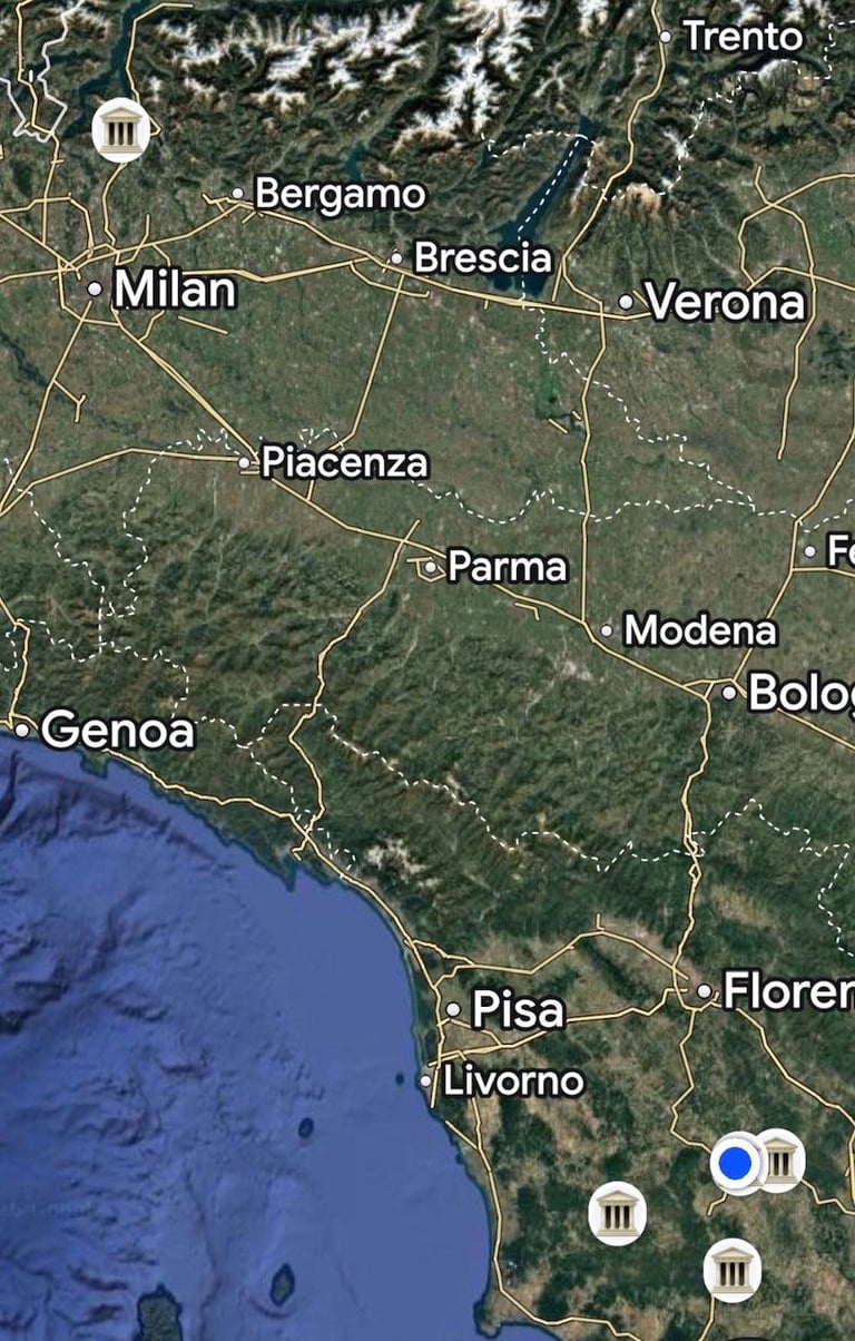 Satellite map of northern Italy showing cities including Milan, Bergamo, Brescia, Verona, Genoa, and other major towns with roads and terrain